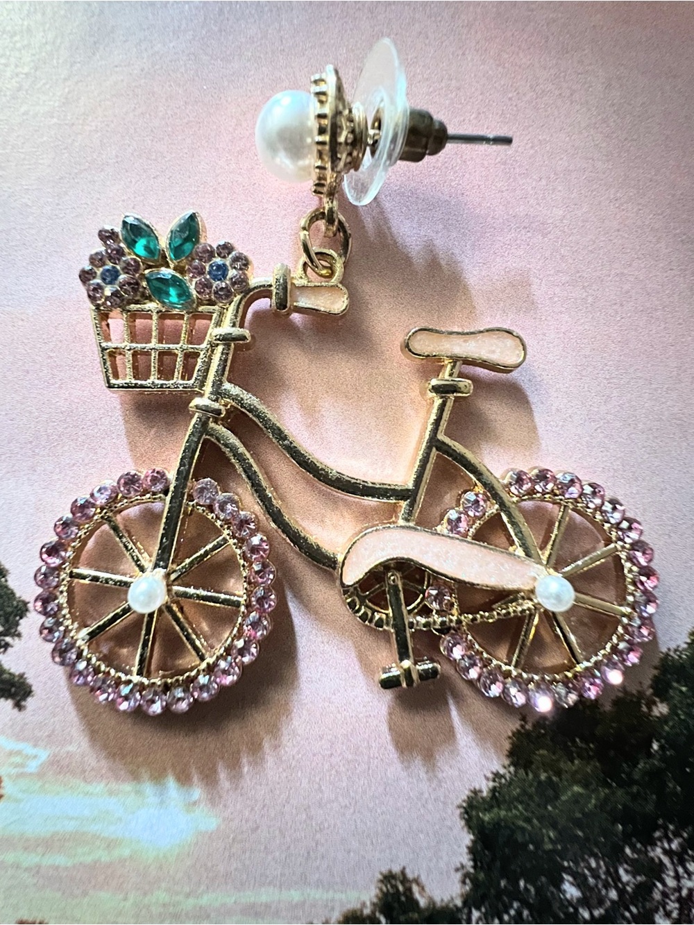 Gold-Tone Pink Crystal Bicycle Drop Earrings